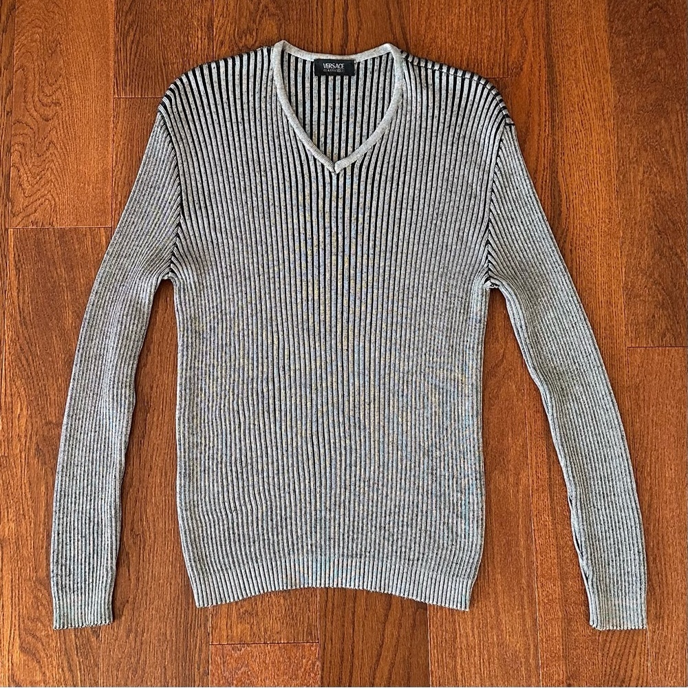 V2 Versace Classic Grey Ribbed Sweater 90s Y2K Made in Italy